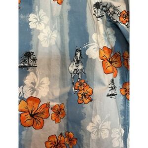 Tin Haul Men's Western Hawaiian Shirt XL Pearl Snap Hibiscus Horses Rodeo